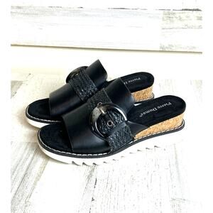 Pierre Dumas Womens 7 Black Leather Suede Buckle Platform Wedge Slip On Sandals